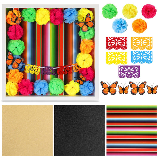 AceOrbit 41pcs Day of The Dead DIY Shadow Box Craft Set Memorial Shadow Box Accessories 6 Monarch Butterfly 30 Artificial Marigold Flowers 2 Papel Picado Banner 3 Background Paper(Colorful)