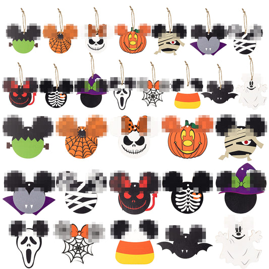 Andi Cppss 46PCS Halloween Mouse Wooden Hanging Ornament Decorations, Mouse Wooden Slices with Ropes Hanging Tags for Halloween Party Supplies, Hanging Ornament for Holiday Tree