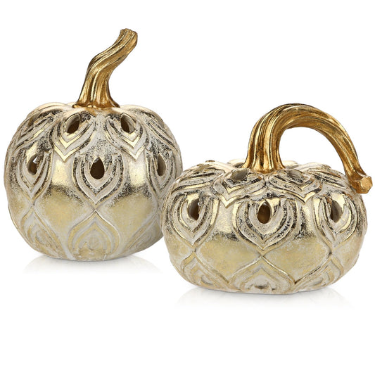 Hollyone Fall Pumpkin Decor 2 PCS Champagne Gold Resin Pumpkins Figurines Fake Pumpkins Faux Pumpkins Rustic Farmhouse Centerpiece for Thanksgiving Harvest Halloween Autumn Fall Decorations for Home