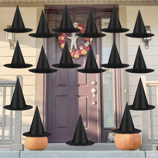 Luces 30 PCS Black Witch Hats, Witches Halloween Decor, Thickened Hanging Wizard Hat with 492 FT Rope Costume Accessory Floating Witches Hats Outdoor, Halloween Birthday Party Decorations Front Porch