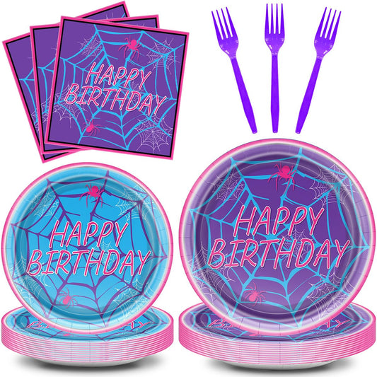 OULUN Spiderweb Party Plates and Napkins Spider Birthday Decorations Ghost Disposable Porks Purple Spiderweb Party Tableware Set Serves 20