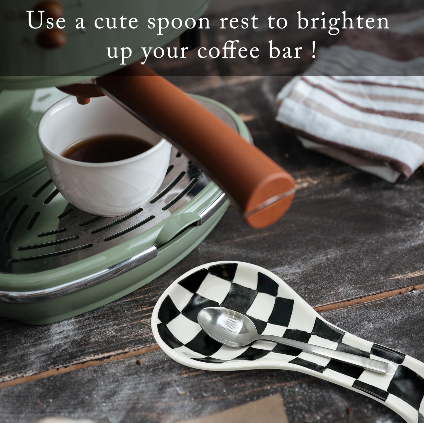 Checkered Spoon Rest for Kitchen Counter - Cooking Spoon Holder for Stove Top - Large Utensil Spatula Spoon Rest - Cute Kitchen Gadgets Gift for Housewarmings - Distressed Checkerboard Black and White