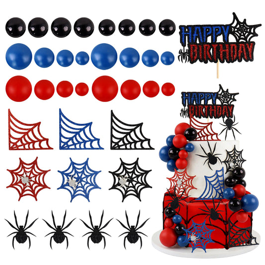 Ercadio 35Pcs Spider Web Birthday Balls Cake Decorations Black Red Blue Multicolor Balls Cake Toppers for Spider Theme Boys Birthday Party Halloween Cake Decorations Supplies