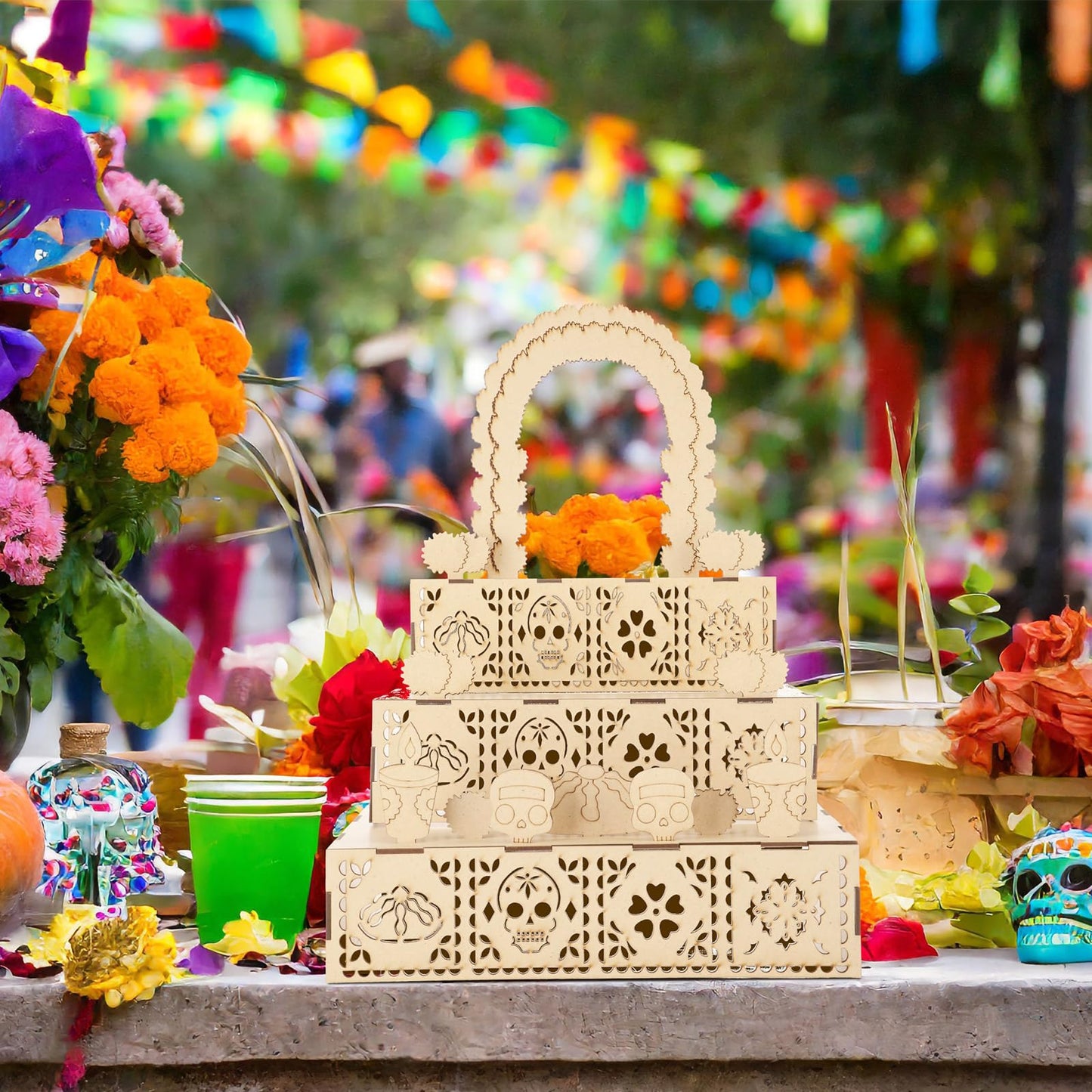 MotiMind Dia De Los Muertos Altar Ofrenda, Wooden Sugar Skull and Candle Papel Picado Day of The Dead Supplies with Photo Frame for Dia De Los Muertos Decor and Indian Diwali Decoration(Arch Style)