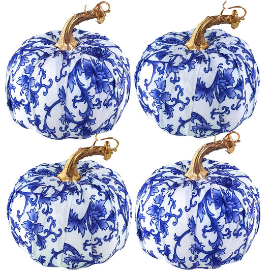 Winlyn 4 Pcs Faux Decorative Blue and White Fabric Pumpkins Chinoiserie Chic Pumpkins Foam Pumpkins for Gifts Farmhouse Thanksgiving Halloween Fall Wedding Table Centerpiece Mantel Bowl Decorations