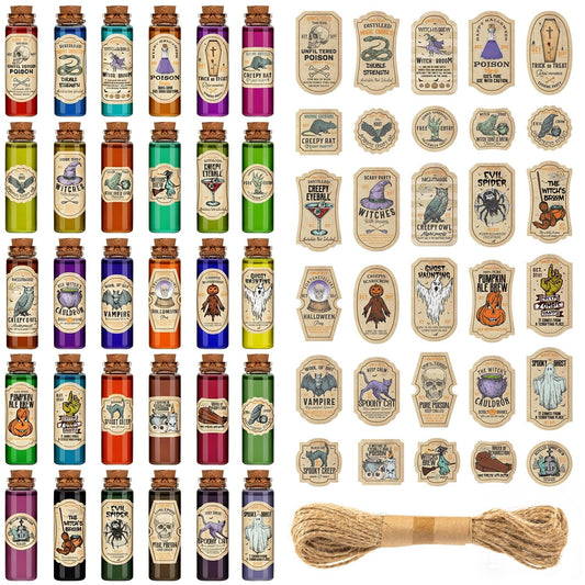ZAUGONTW 91 Pcs Halloween Potion Bottle Set, 30 Potion Bottles with Cork Stoppers, Stickers, 30 Charms Pendants and 1 Piece String for Halloween Tiered Tray Decorations, Indoor Party Supplies