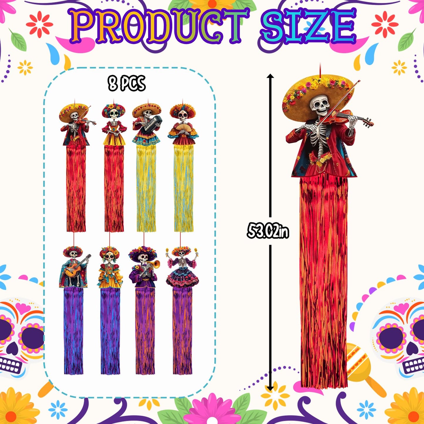 8 Pcs Day of The Dead Sugar Skull Hanging Decorations, 4.9 Ft Dia De Los Muertos Hanging Decorations for Dia de Los Muertos Altar, Ofrenda, Cemetery, Day of The Dead Party Home Outdoor Decor