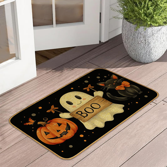 Doormat Halloween Ghost Boo Front Door Mat Indoor Outdoor Entrance,Black Cat Pumpkin Door Mat Waterproof Low Profile All-Season,Easy Clean Patio Porch Entryway Floor Rug 17x29 Inch
