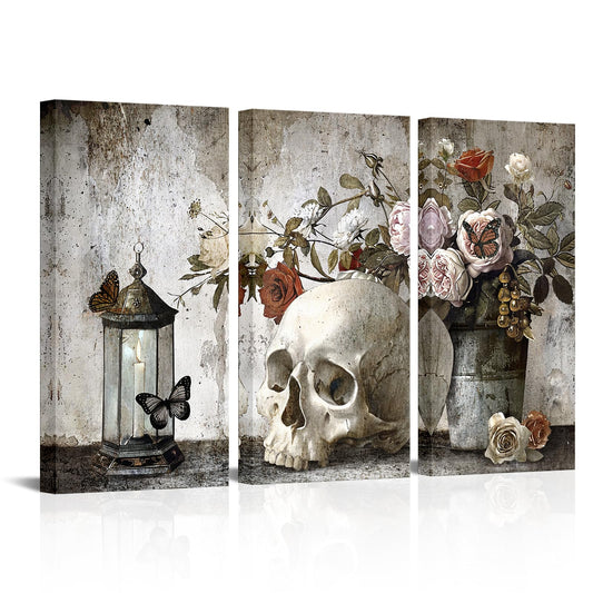 Biuteawal Large 3 Pieces Skull Canvas Wall Art Vintage Skull with Flowers Painting Wall Decor Halloween Day Poster Prints for Home Office Living Room Decor Ready to Hang