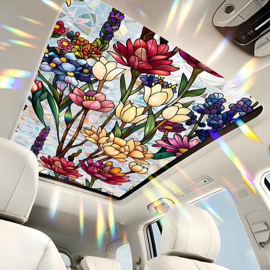 FreeNook Window Privacy Film, Static Cling Stained Glass Window Film Decorative, Non-Adhesive 3D Rainbow Colorful Flowers Frosting Film Sun Blocking for Bedroom Living Room Front Door 17" x 39.4"