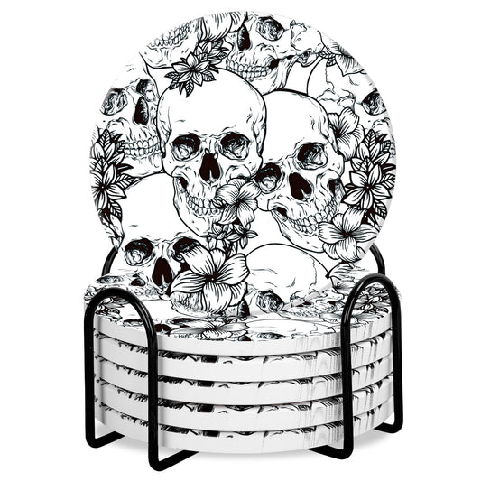 Whaline 6Pcs Halloween Ceramic Coasters with Iron Holder Skull Floral Drink Coasters Absorbent Cup Mat for Mug Cup Home Kitchen Party Table Decor