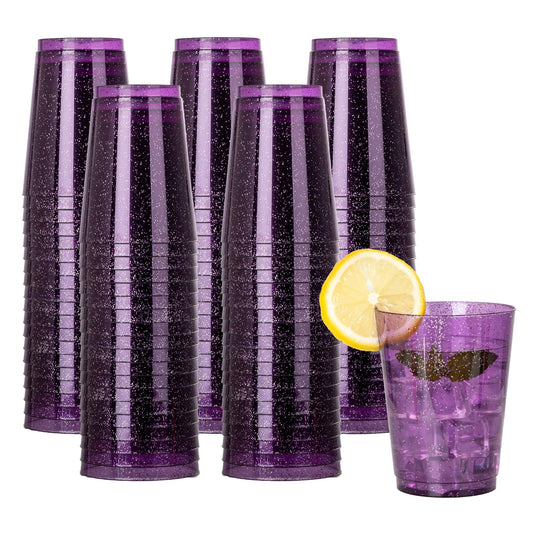 DaYammi 100 Pack 10 oz Purple Plastic Cups- Disposable Cups Tumblers, Elegant Purple Glitter Party Drinking Cup Perfect for Wedding Purple cups Perfect for Party Wedding Bridal Shower