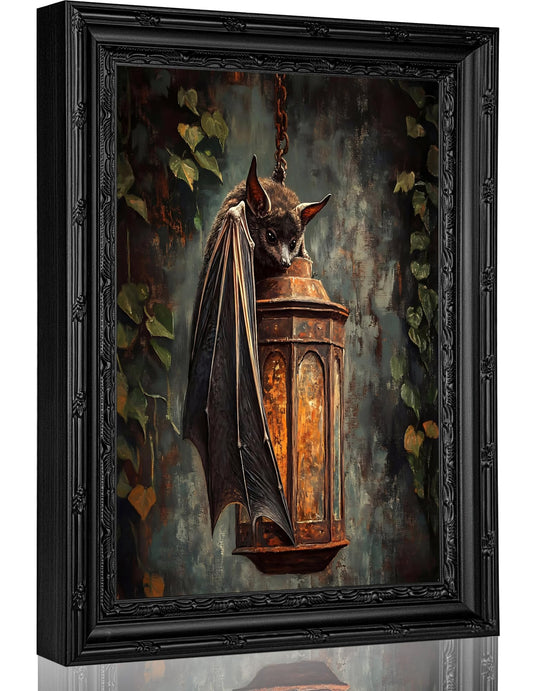 Framed Vintage Bat Canvas Wall Art,Halloween Painting Picture Wall Decor,Dark Academia Poster Print Artwork,for Living Room Bedroom Hallway Home Decoration 9x11in