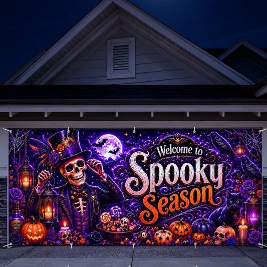 7 x 16 ft Spooky Skeleton Halloween Garage Door Decorations Halloween decorations Door Cover, Hanging Banner for Home, Outdoor, Indoor, Spooky Party, Wall, Window