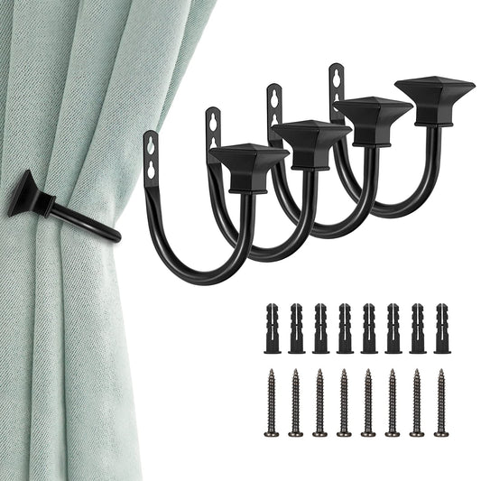 Sumnacon Set of 4 Curtain Holdbacks, Wall Mounted Aluminum Alloy Window Drapery Tiebacks for Bedroom, Livingroom Office Come with Screws, Black