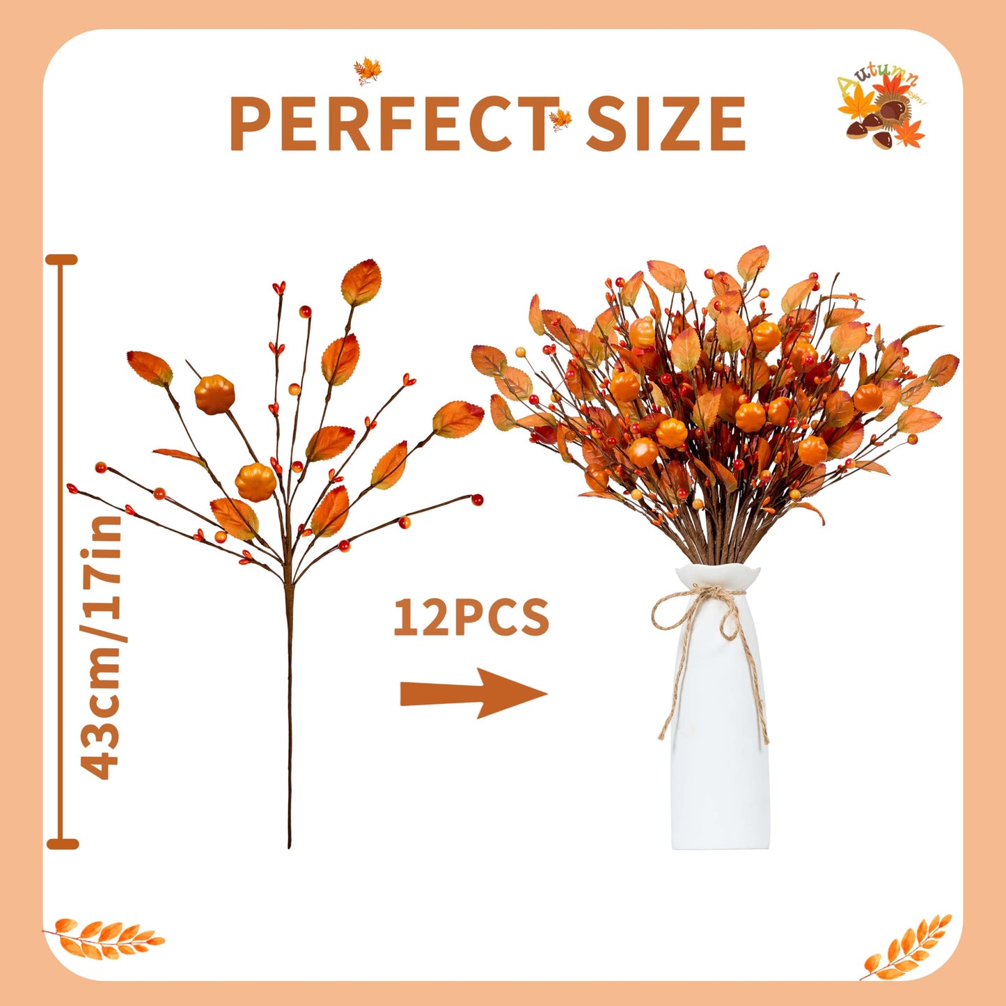 WSTPUPU Artificial Fall Picks 12PCS Fall Berry Stems 17inch Autumn Pumpkin Picks with Berry Pumpkin for Vases Centerpieces Autumn Harvest Festival and Thanksgiving Day