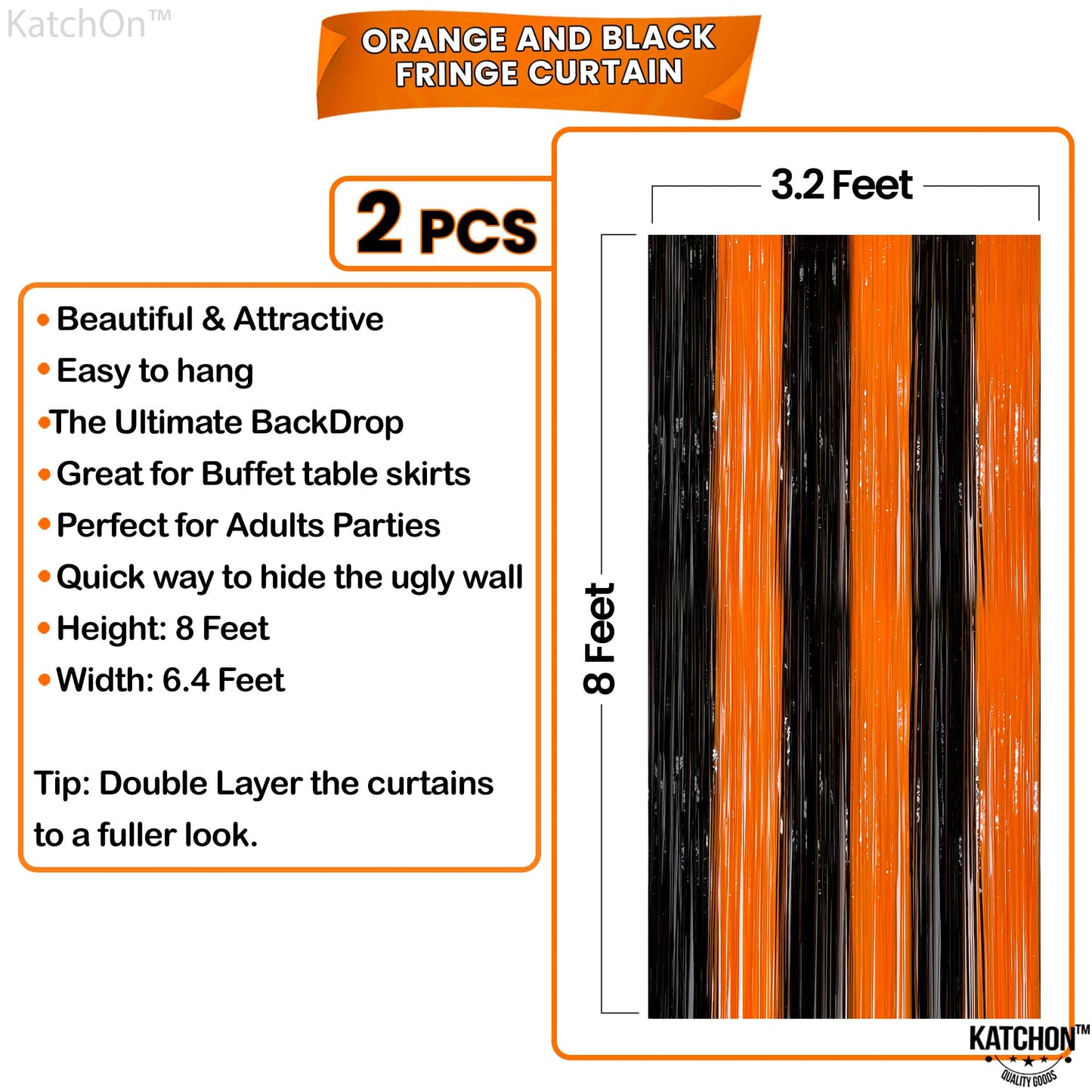 KatchOn, Black and Orange Foil Fringe Curtain - XtraLarge 3.2x8 Feet, Pack of 2 | Orange and Black Streamers, Halloween Decorations | Fringe Backdrop Curtain for Birthday, Summerween Party Decorations