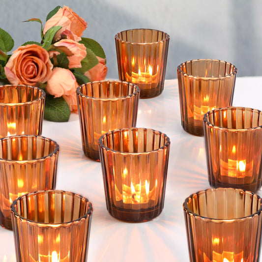 NITIME 24Pcs Vintage Ribbed Amber Votive Candle Holders, Fall Centerpieces for Tables, Tealight Candle Holder for Thanksgiving, Wedding Decor, Boho Home Decor and Christmas Decor