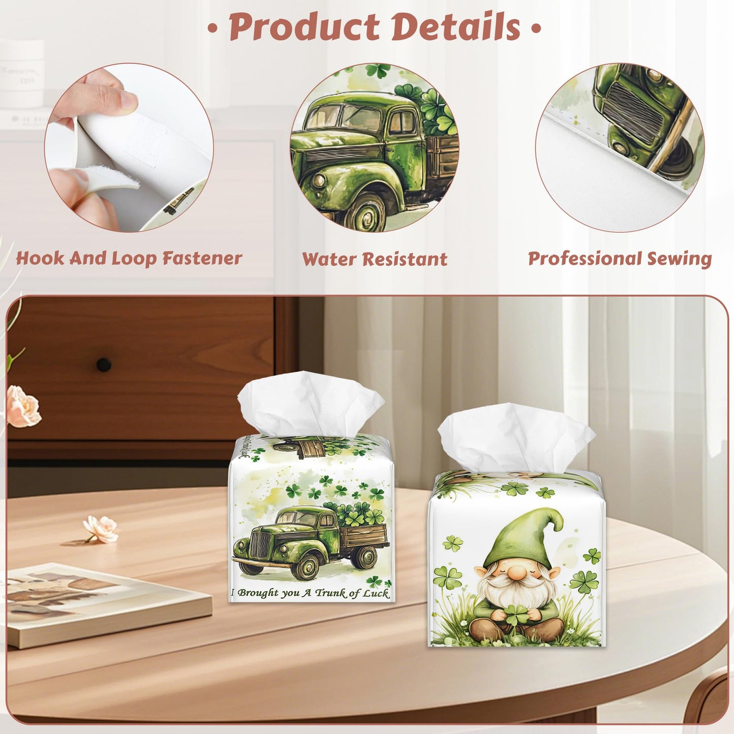 St. Patrick's Day Tissue Box Holder,Four Leaf Clover Leather Tissue Box Cover Square, Paper Facial Decorative Tissues Cover for Bathroom Home Car Nightstand Vanity Desk, 2 Pcs