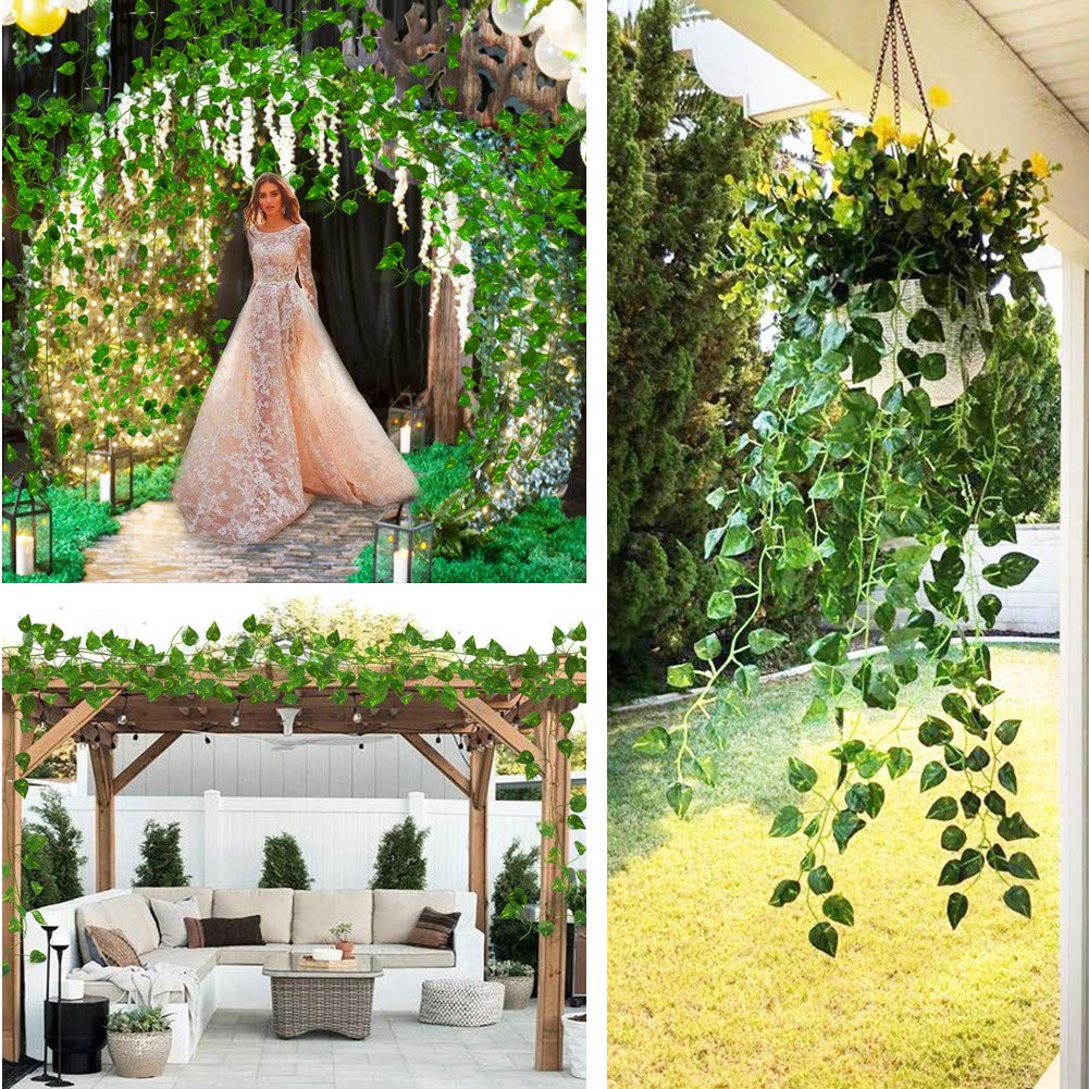 ZWYOQI 84 feet Artificial Vines Greenery Garland Fake Hanging Leaves Faux Foliage Plants for Wedding Party Garden Home Kitchen Office Wall Decorations (Scindapsus/12 Strands)