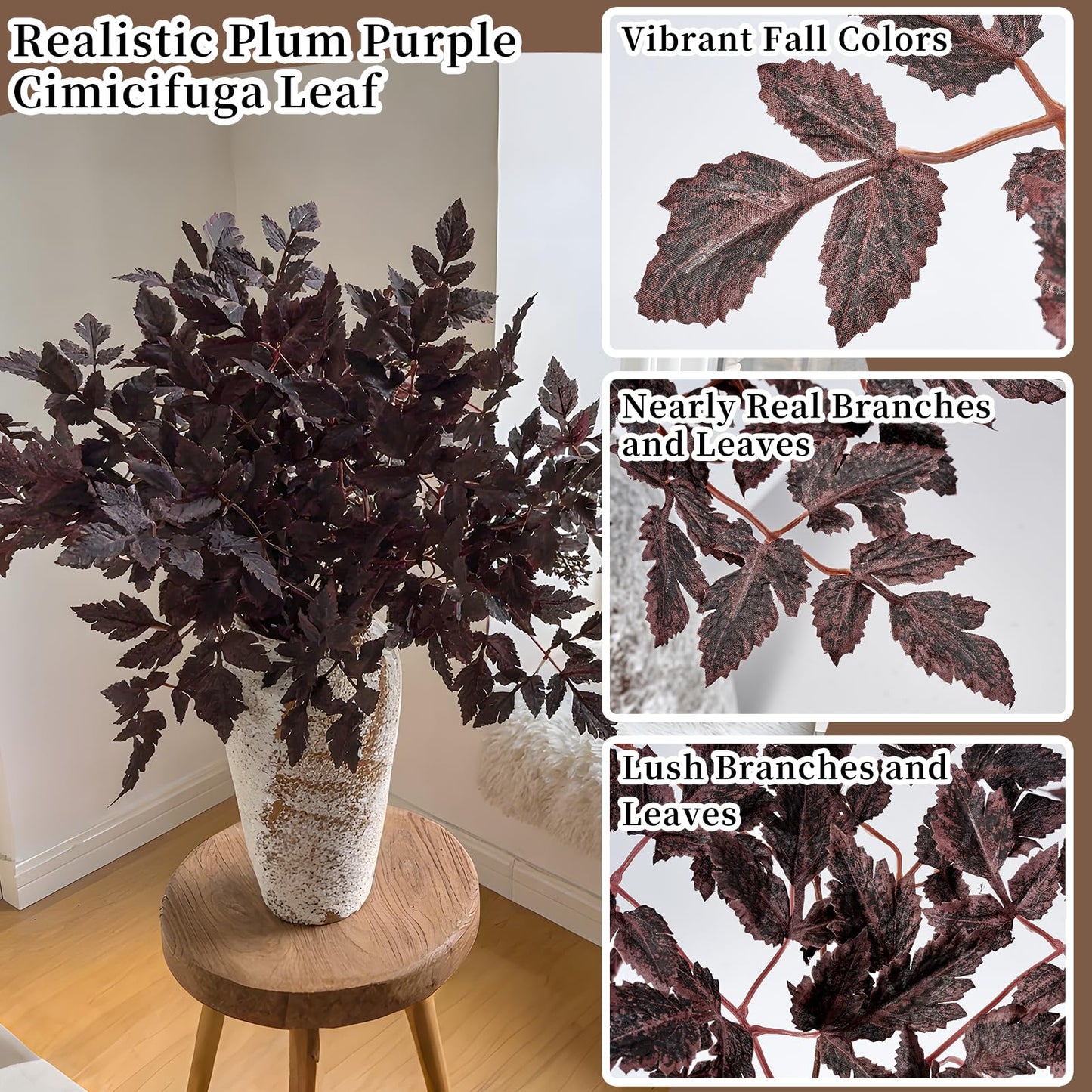 VICAMB 4 Pack 23.6in Artificial Cimicifuga Plant Leaf Spray,Faux Plum Purple Cimicifuga Leaf Bundles,Fall Faux Stems and Branches for Vase,Wedding/Autumn/Farmhouse/Home Decor