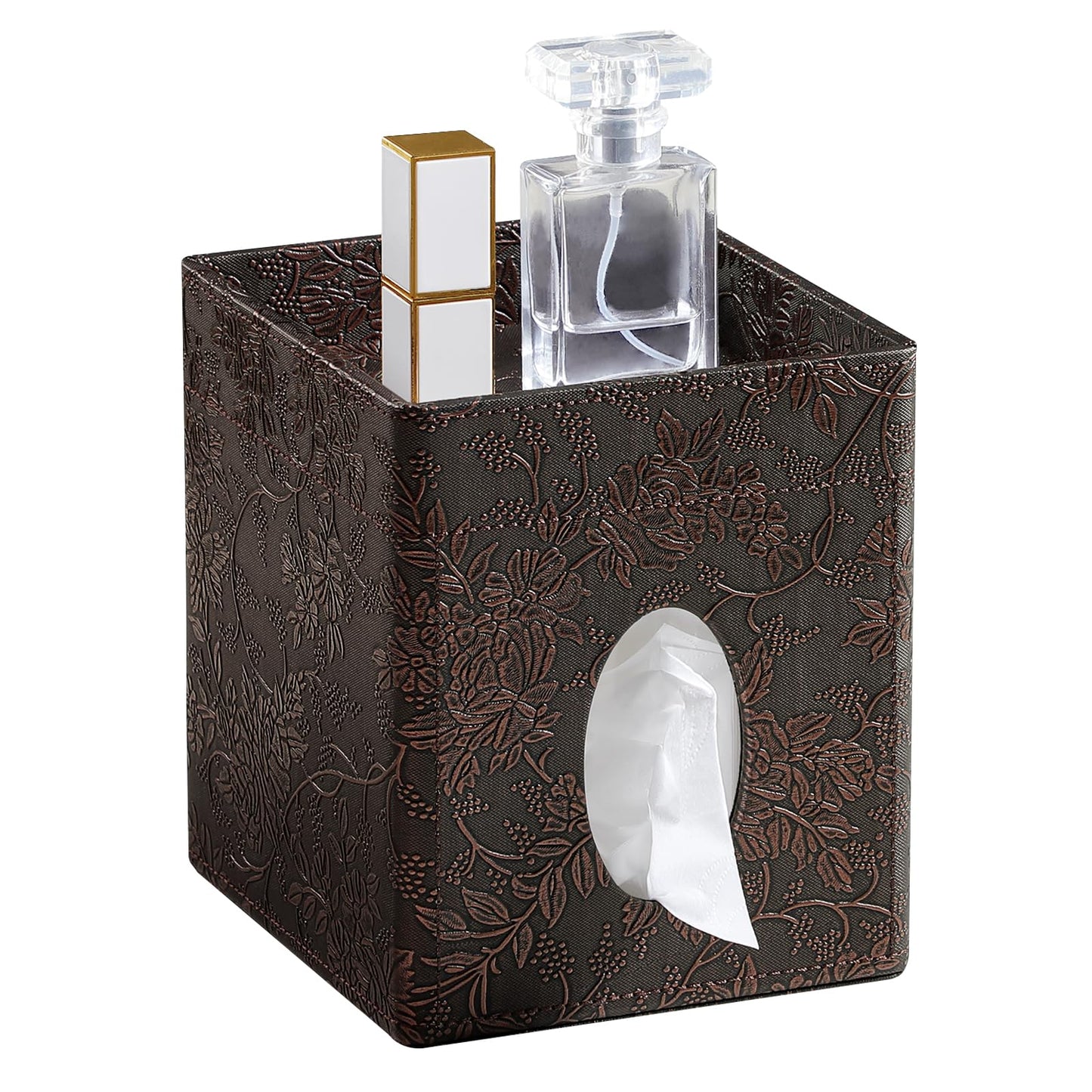 Square Tissue Box Cover, Stylish Leather Tissue Box Holder with Storage Tray, Decorative Tissue Rack Storage Box for Living Room, Bedroom, and Office Desk(Brown Grape Pattern)