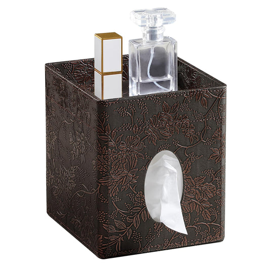 Square Tissue Box Cover, Stylish Leather Tissue Box Holder with Storage Tray, Decorative Tissue Rack Storage Box for Living Room, Bedroom, and Office Desk(Brown Grape Pattern)