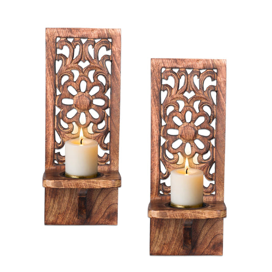 Homebia Designs Floral Carved Wooden Wall Candle Sconces - Pack of 2, 16 Inch Handcrafted Rustic Wall Mounted Candle Sconces for Farmhouse, Vintage, Halloween & Festive Home Décor - Burnt Finish