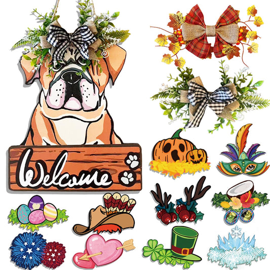 FelyHos Interchangeable Bulldog Welcome Sign, Wooden Seasonal Door Hanger with 12 Interchangeable Decorations, Cute Dog Welcome Plaque for Front Door Porch Wall, Holiday Home Decor Gift