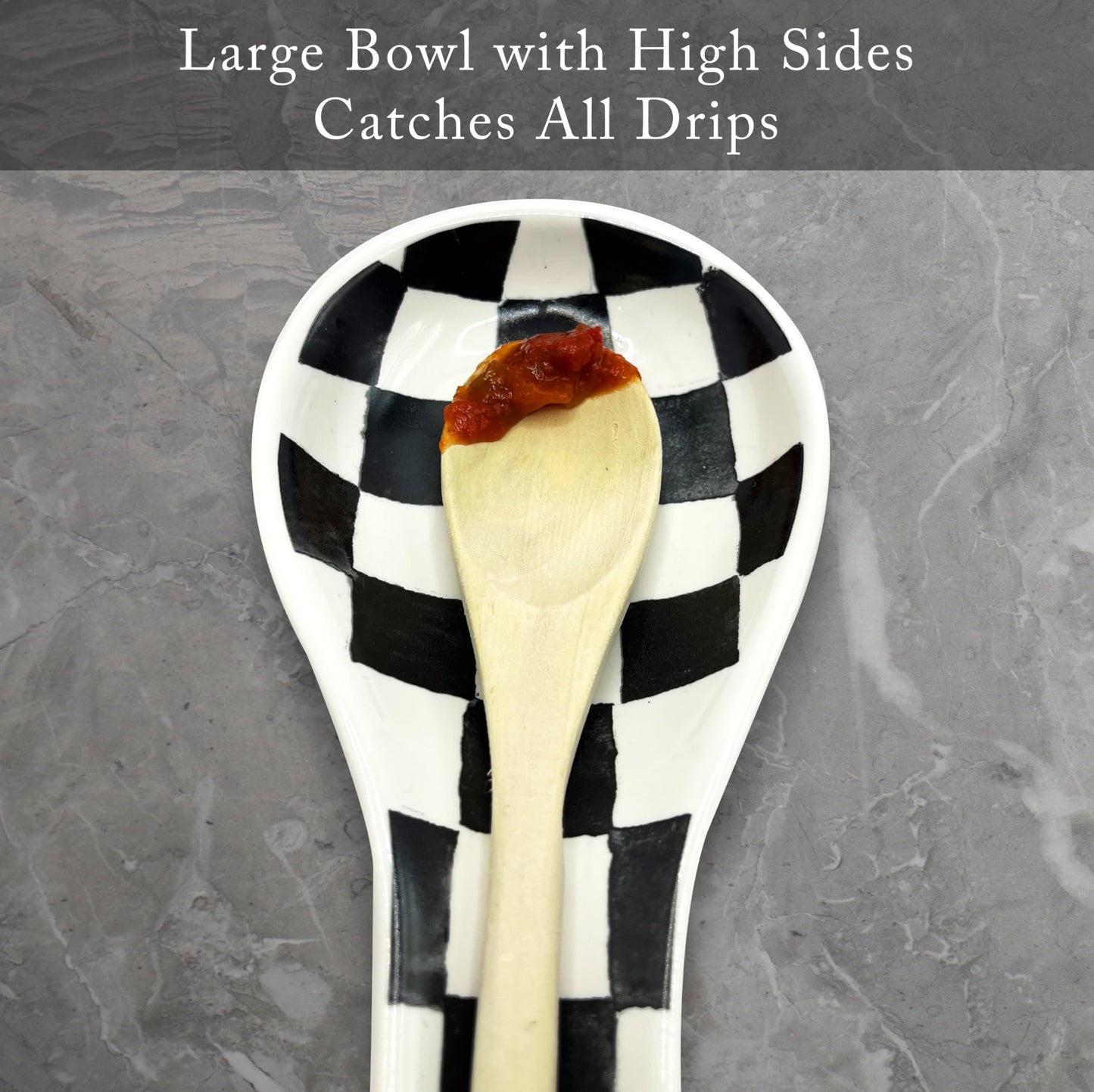 Checkered Spoon Rest for Kitchen Counter - Cooking Spoon Holder for Stove Top - Large Utensil Spatula Spoon Rest - Cute Kitchen Gadgets Gift for Housewarmings - Distressed Checkerboard Black and White