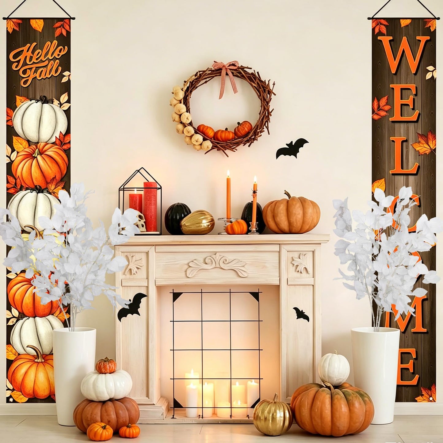 RECUTMS Artificial Fall Beech Leaf Stems 4Pcs 39Inch Fake Foliage Branches for Tall Vase Faux Autumn Leaves Long Greenery Stem for Thanksgiving Halloween Harvest Home Wedding Party Decor(White)