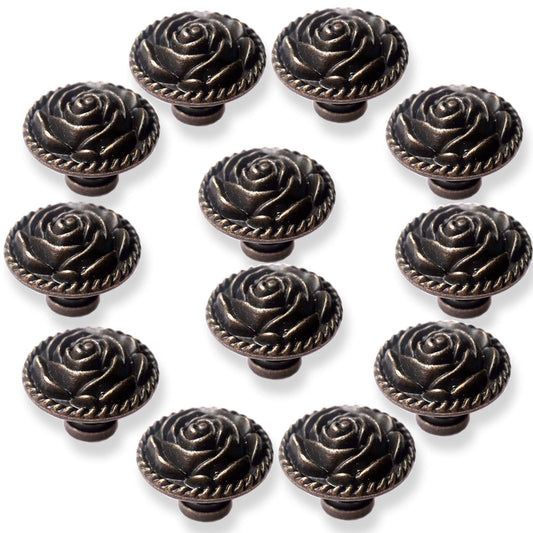Perphin Vintage Rose Cabinet Knobs, Antique Bronze Cupboard Dresser Door Pull Round Zinc Alloy Knob Flower Drawer Handles with 3 Sized Screws for Furniture Kitchen Cupboard Closet Wardrobe (12 Pack)
