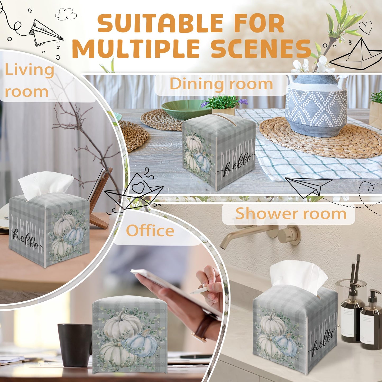 Pumpkin Tissue Box Holder, Eucalyptus Pumpkin Plaid Leather Tissue Box Cover Square, Harvest Facial Paper Organizer Dispenser Toilet Paper Holder for Bathroom Kitchen Office Home Decor-A28
