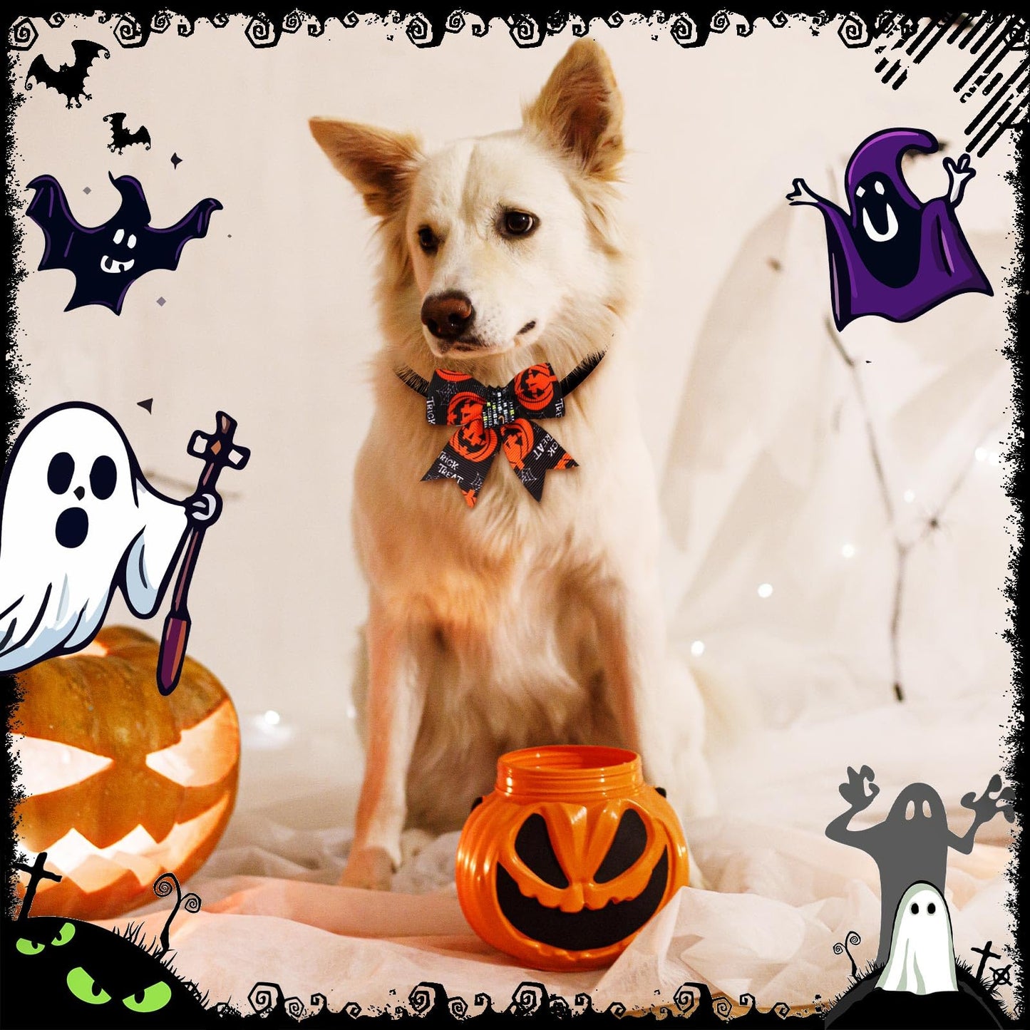 Huhumy 50 Pcs Halloween Dog Bow Ties Halloween Dog Collars Bulk Pet Collar Neckties Accessories for Small Medium Pet Cat Outfit Cosplay Party Supplies