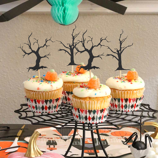 Haunted Forest Halloween Cupcake Topper - Haunted House Theme Baby Shower Party Decoration, Black Glitter Spooky Tree Cupcake Decoration, Halloween Birthday Party Supplies, Cake Smash Photo Props