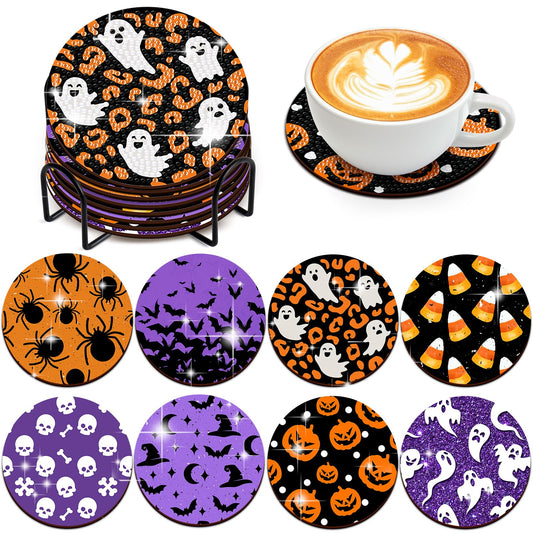 8 PCS Halloween Coasters with Holder - DIY Diamond Art Kit for Beginners, Adults, Kids (Halloween-2)
