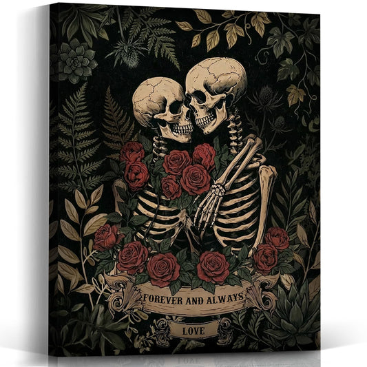 Voxitura Skeleton Lovers Floral Valentines Wall Art Canvas, Vintage Gothic Skull Wall Decor Gifts for Anniversary Couple, Black Goth Paintings Pictures Prints Framed for Bedroom Dorm Apartment 12x15in