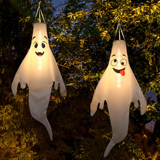 Halloween Ghost Decorations Outdoor: with Timer, 2 Pcs Cute Hanging Ghost for Tree Porch Garden Yard, Waterproof LED Ghost Halloween Decor