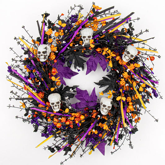 LLZLL Halloween Wreaths for Front Door 22 Inch Halloween Wreath Artificial Skull Wreath with Maple Leaves and Berries for Gothic Decoration