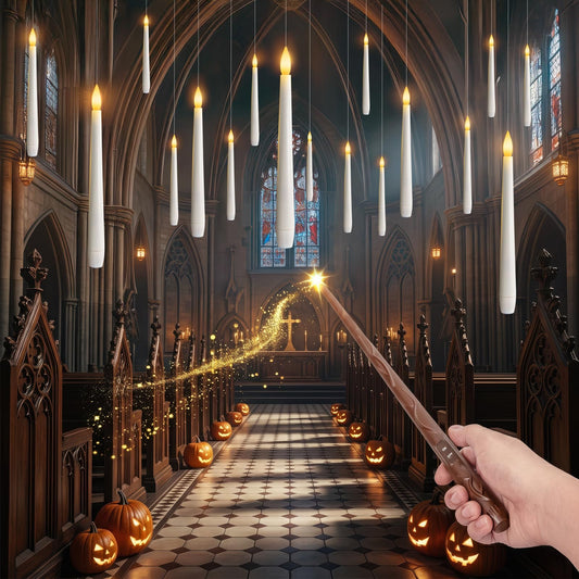 Meigic 20PCS Floating Candles with Wand Remote, Flameless Hanging Taper Candles with Flickering Warm Light, Battery Operated Magic Candles for Halloween Indoor Ceiling Decor, Hallway, Bedroom, Party