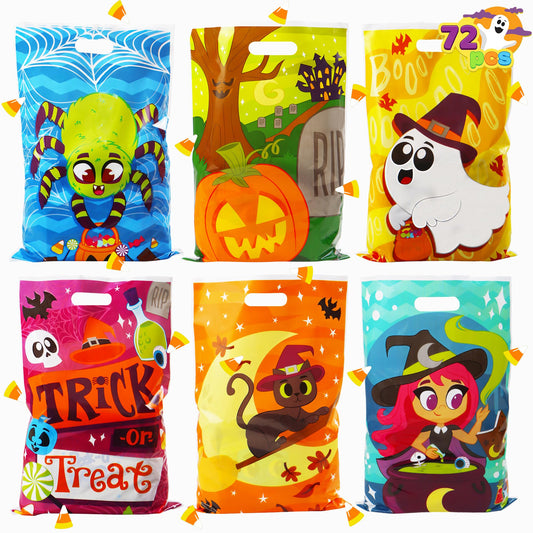 JOYIN 72 Pcs Halloween Goodie Bags, Plastic Candy Bags in 6 Designs for Kids Snacks Party Favors, Trick or Treating Bag for Halloween Party Supplies, Snacks Stuffers Prizes