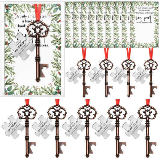 Landical 20 Sets Christmas Employee Appreciation Gifts Bulk Puzzle Piece Hanging Ornaments Vintage Skeleton Key with Thank You Card Christmas Team Gifts for Coworkers Staff