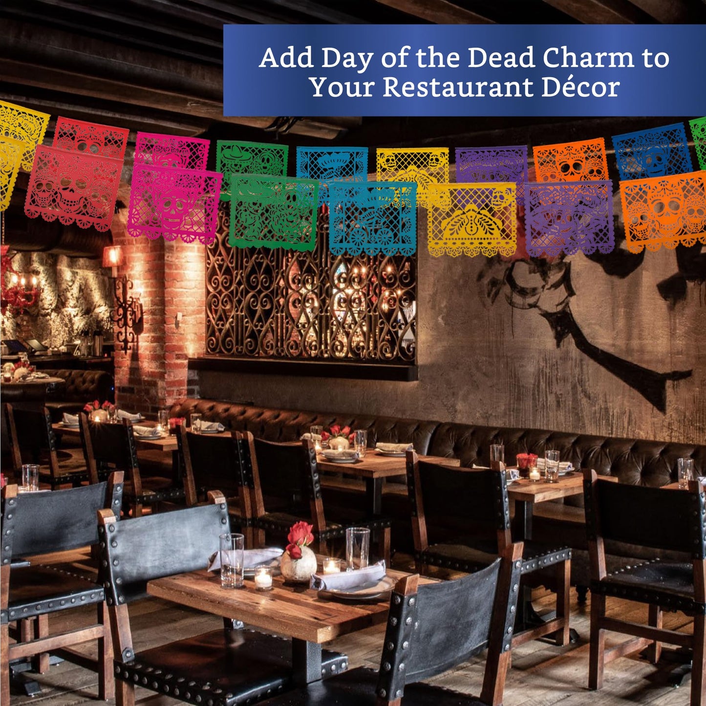 Mexican Party Banners (5 Pack - 10 Plastic Flag Designs per Banner) - Papel Picado Dia de Los Muertos Decorations for Altar - Day of the Dead Banners - Day of Dead Decor
