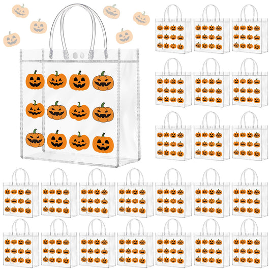 Kosiz 24 Pcs Halloween Clear Gift Bags Pumpkin Goodie Bag Halloween Party Favors PVC Treat Bags Bulk with Handle for Candy, Autumn Thanksgiving Party Supplies