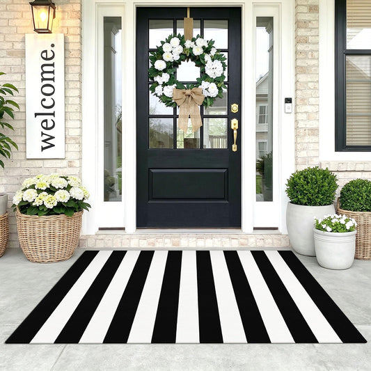 KOZYFLY Black and White Striped Area Rug 3x5 Ft Front Door Rug Hand Woven Cotton Washable Outdoor Doormats Outdoor Entrance Mat for Front Door Kitchen Entryway Patio Front Porch Decor