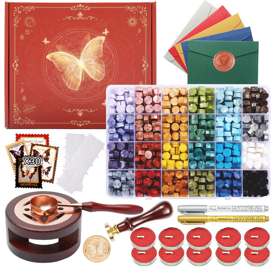 Comealltime Wax Seal Kit with Gift Box, 630 Pcs 24 Color Sealing Beads, Butterfly Stamp, Sealing Wax Warmer, Envelopes, Adhesive Stickers for Gift and Decoration
