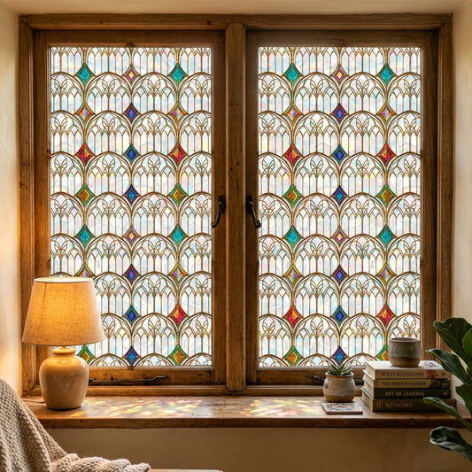 Window Privacy Film Stained Glass, 6 Pcs Gothic Rainbow Window Privacy Films Stickers with Installation Tools, Vintage Film Sticker Decals for Home Bathroom Glass Decorations 17.7 x 157.5 inches