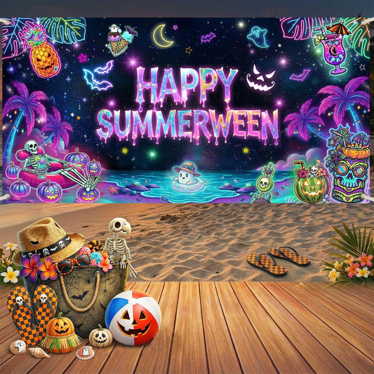 Printspree Summerween Banner Halloween Decorations - 70.8x35.4 Inch Summer Halloween Party Backdrop for Home Pink Pumpkin Tropical Palm Tree Beach Summerween Party Supplies Wall Decor
