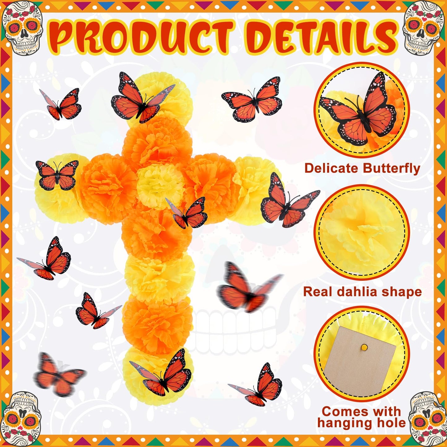 Ofrenda Decorations for Altar 17 x 13 Dia De Los Muertos Decorations Day of the Dead Decoration Marigold Mexican Cross with Artificial Butterflies Wall Decor Sign for Dia De Los Muertos Diwali