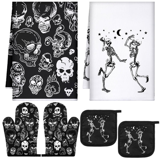 Leinuosen 6 Pcs Skull Kitchen Decor Set Kitchen Towels Gothic Oven Mitts and Pot Holders Skeleton Hand Dish Towels Horror Oven Mitts for Home Decoration Party Gifts (Classic Color,Skull)